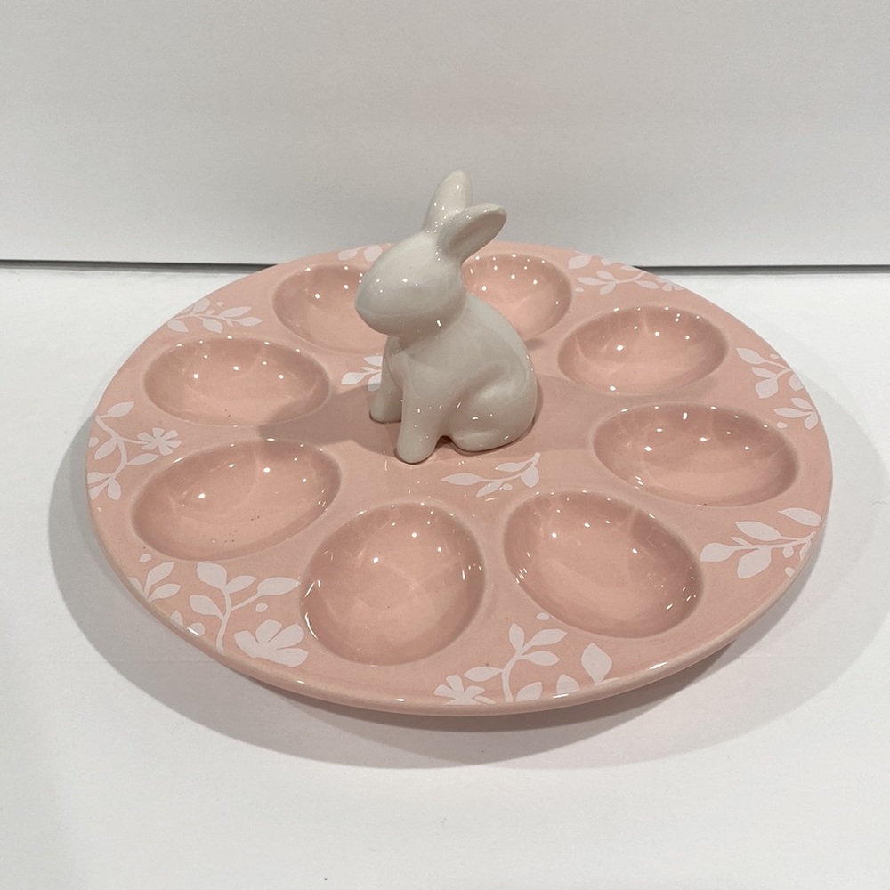 Magenta pink deviled egg platter plate floral white rabbit bunny spring easter